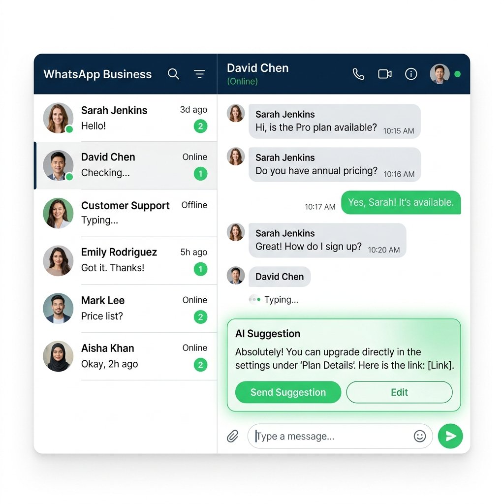 SalesPilot AI WhatsApp conversation inbox with AI suggestion panel